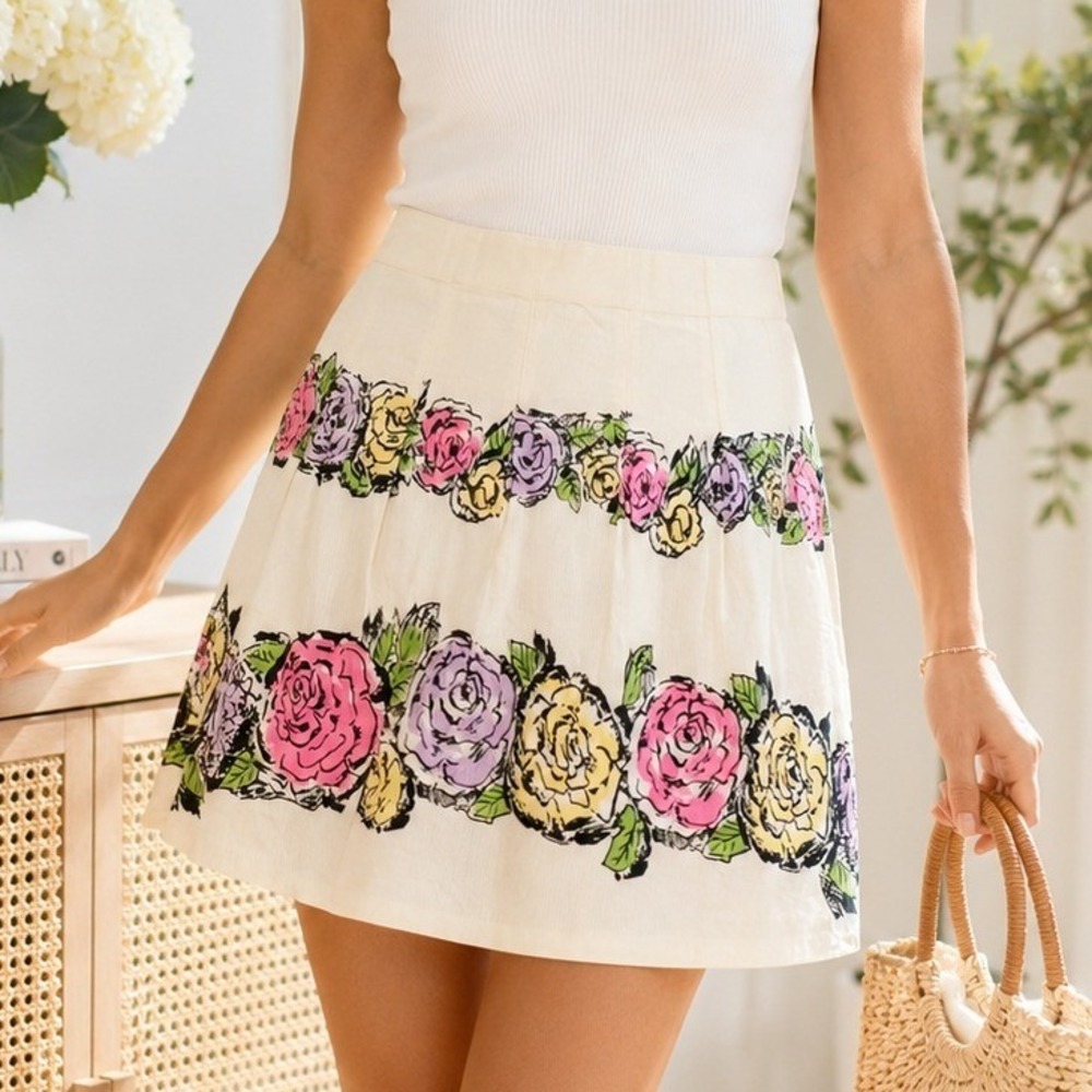 Ann Taylor LOFT Womens Floral Rose‎ Print Cotton Mini Skirt Cream Pink Yellow 10